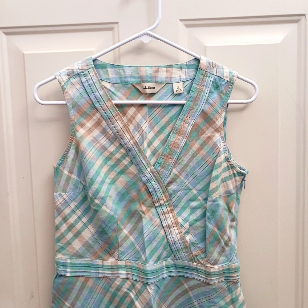 LL Bean Dress Size 6 Linen Cotton Blue Green Plaid V-Neck A-Line Spring Casual - Picture 2 of 7